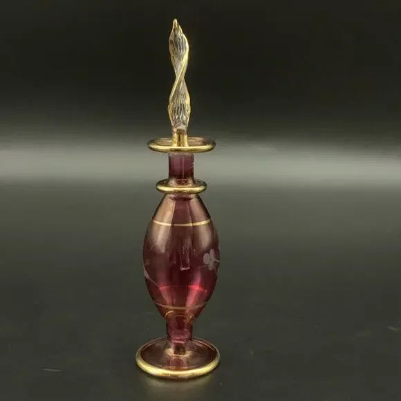 Vintage Egyptian Hand Blown Miniature Glass Empty Bottle Gold Trim Etched - Picture 4 of 14